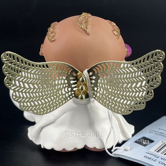 2001 Resin Angel Cheeks Holding Purple Flower Ladybug Spring By Kirk w/ Tag - Picture 9 of 12